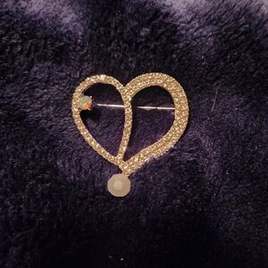 Vintage Double Heart Rhinestone Brooch with Opal Accent Gold Tone